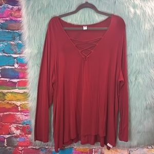 Old Navy Maroon Red Long Sleeve Criss Cross V-Neck  Top Size XXL